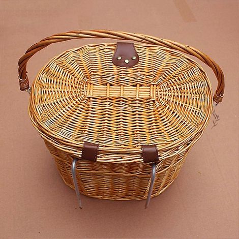 Panier à provisions rustique en osier pour vélo avec couvercle et poignée de transport (1/4)