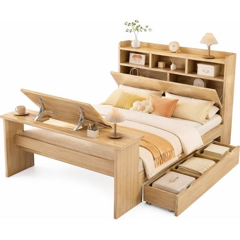 CHICFURN Cama juvenil 140x200 con almacenaje, cajón lateral reversible y mesa plegable regulable, estructura robusta con estante en cabecero para dormitorio (1/5)
