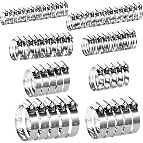 Lot De 80 Collier De Serrage Réglables: Collier Serflex Réglable En Acier Inoxydable, 8 Tailles, Colliers De Serrage Inox Set Pour Tuyau De Gaz, Tuyau D'eau, Jardin, étang, Piscine (Argenté) (1/5)