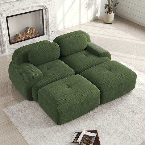 FloraGrace Canapé modulaire 2 places, corduroy vert, accoudoirs arrondis, mousse 32D, sans montage (1/5)