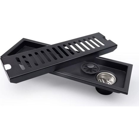Noir - siphon de sol rectangulaire, siphon de sol de douche 30 x 10 cm, siphon de sol noir avec grille en acier inoxydable, convient pour WC, salle de bain, cuisine, balcon (1/5)