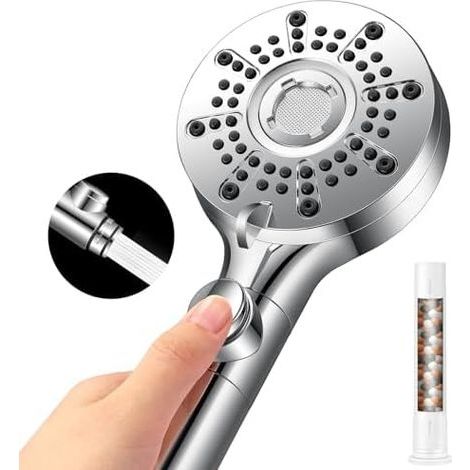 Shower head, anti-limescale shower head, large water saving, 5+1 different spray patterns, high-pressure jet, instant water shut-off (Shower head - G1/2) (1/4)