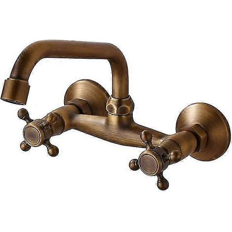 Robinet de cuisine en laiton antique avec bec pivotant à 360°, mitigeur eau chaude/eau froide pour salle de bain et cuisine, robinet de piscine à double poignée (1/5)