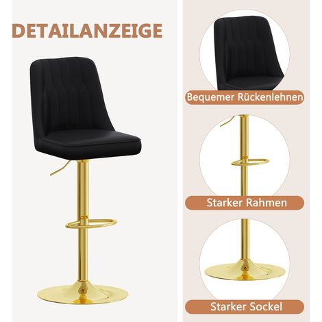 Tabouret de bar réglable en hauteur, lot de 2, pivotant à 360°, dossier en cuir PU noir matelassé, pieds en métal doré, parfait pour îlot de cuisine et comptoir. (1/5)