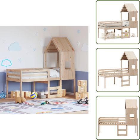 The Living Store Lit haut sans matelas 90x200 cm bois de pin massif - Lit Enfant - Lit Surélevé - Lit Cabane - Lit Plateforme - Meuble Rangement (1/5)