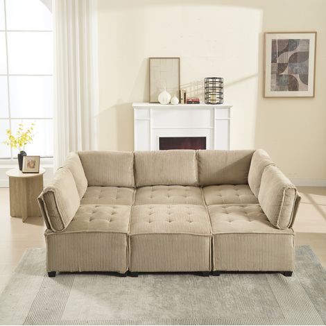 Modulares 6-Sitzer Sofa Cord mit Seitentaschen Khaki OKMYHOME (1/5)