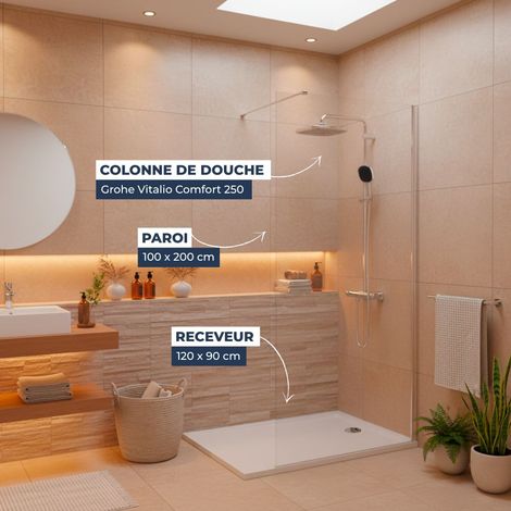 Dusch-Komplettset – Walk-In Duschwand 100x200 Chrom + Grohe Vitalio 2 Strahlarten + Gussmarmor-Duschwanne Weiß 120x90