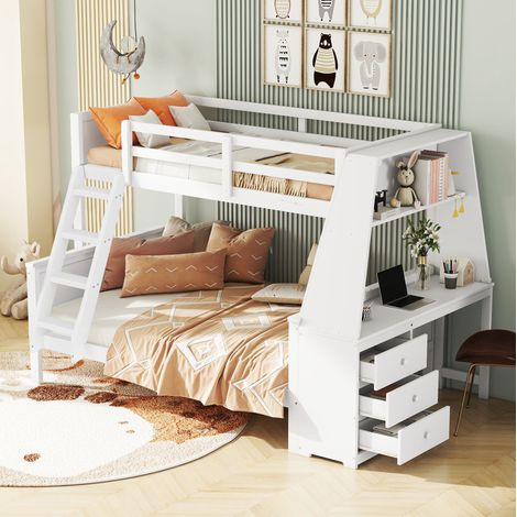 Lit superposé enfant en pin massif et MDF blanc 90x200 + 140x200 cm avec bureau, bibliothèque et rangements (1/5)