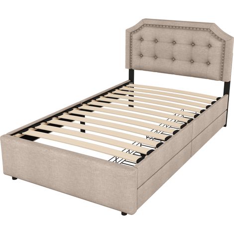 Polsterbett 90x200 cm mit 2 Schubladen und verstellbarem Kopfteil, dunkelbeige MODENUIT (1/5)