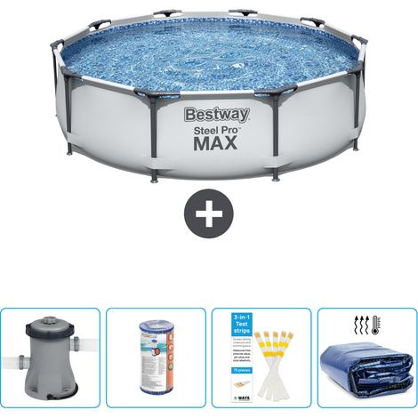 Bestway – Piscine tubulaire ronde Steel Pro MAX 305 x 76 cm – Acier et PVC – Pompe à filtre 1249L/h – Couverture solaire incluse