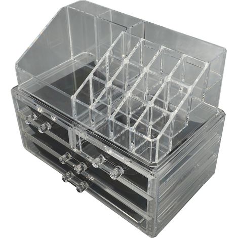 Organisateur de maquillage, présentoir cosmétique transparent avec porte-pinceaux, 4 tiroirs et 1 plateau pour rouge à lèvres et bijoux. (1/5)