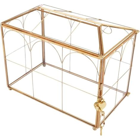 Boîte à cartes verre fente serrure mariage réception fête souvenir don terrarium géométrique décoratif boîte cadeau 26x14,5x21,3cm doré