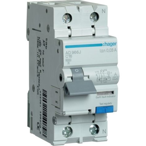 Ad966j Disjoncteur Différentiel Hager 1p+n 16a 30ma 6ka Type A - Neutre à Droite - Auxiliarisable