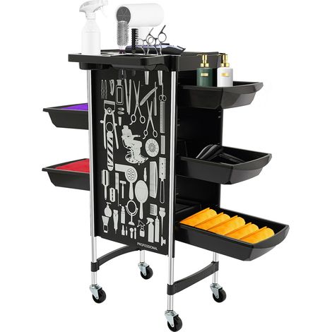 Chariot de coiffure, avec 5 tiroirs et 6 étages, capacité de charge de 100 kg, supports en acier inoxydable, pour salon et salon de manucure (noir) (1/5)