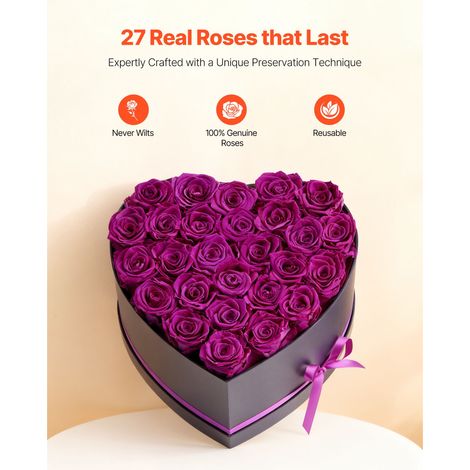 Roses éternelles preservées, 27 fleurs immortelles boîte coeur, bouquet durable cadeau anniversaire femme épouse maman Saint-Valentin Noël violet (1/5)