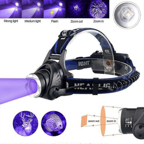 Lampe frontale ultraviolette verte/rouge/UV 395 nm, étanche, zoomable, rechargeable par USB, 3 modes d'éclairage pour la chasse, 2000 lm. Se connecter S'inscrire (Violet) (1/4)