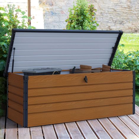 Caja de almacenaje para jardín de madera con cerradura y metal efecto gris 600L 165x70x63 cm