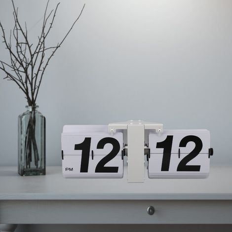 Automatischer Retro-Klappwecker, batteriebetrieben - Edelstahl 304, weißes PVC, luxuriöses minimalistisches Design, 36 cm Länge, 12-Stunden-Anzeige, für Tisch- und Wandmontage, 12-Stunden-Modell in We