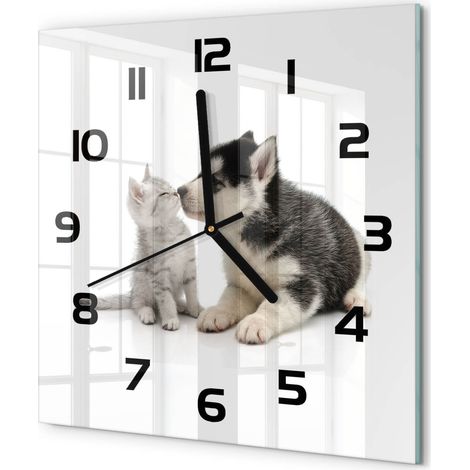 Horloge Murale Carrée Sans Cadre en Verre Trempé Silencieuse et Moderne Chien et chat 30x30 cm (1/5)