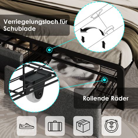 Lit rembourré avec fonction de chargement USB Type-C, tête de lit avec rangement, éclairage LED et tiroirs, lit double 160x200, cadre de lit coffre avec sommier à lattes en métal, gris (sans matelas) (1/5)