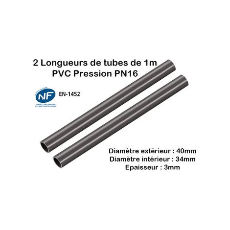 Lot de 2 Barres Tuyau Rigide Tube PVC Pression PN16 40mm : Longueur 1m