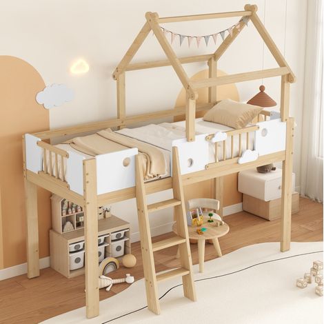 Cama infantil elevada con techo y escalera blanca OKMYHOME (1/5)
