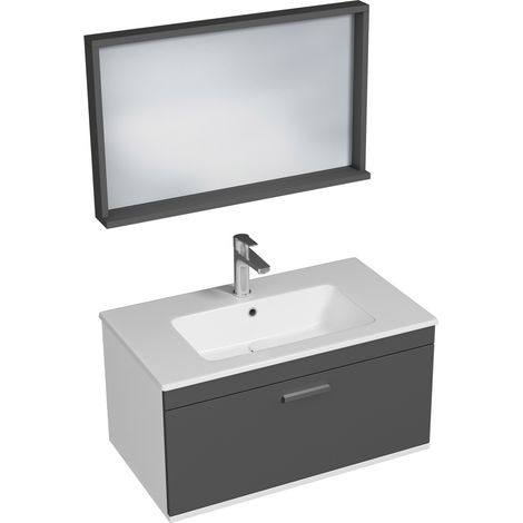 RUBITE Meuble salle de bain simple vasque 1 tiroir gris anthracite largeur 80 cm + miroir cadre (1/5)