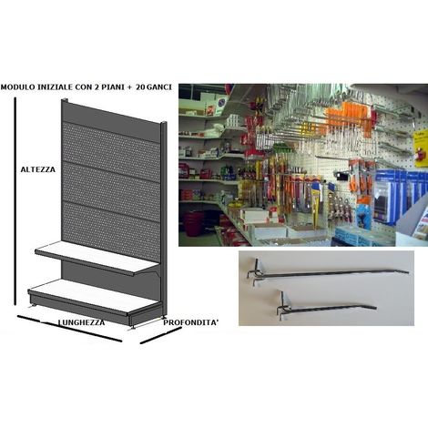 Scaffale negozio murale per blister L 101, H 250 , Prof. 50 CM, base + 1 ripiano 20 ganci (1/5)