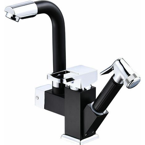 Black Pull-Down Copper Square Dual-Use Kitchen Faucet Hot and Cold 360 Degree Rotating Mixer Tap with Black Pull-Out Sprayer (1/5)