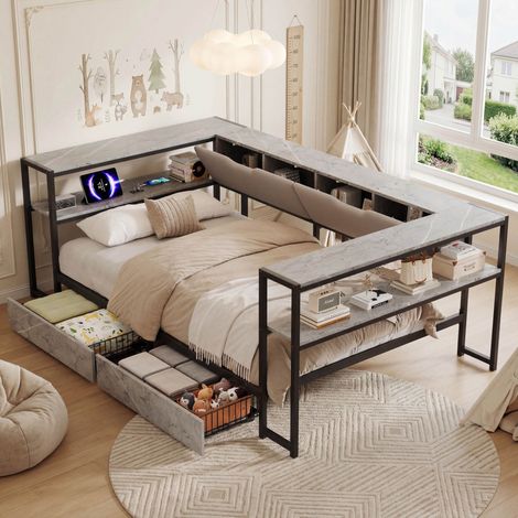 Lit banquette 90 x 200 cm béton avec USB-C 2 tiroirs sommier métal rangements cachés tissu lin gris daybed ado chambre enfant sûr