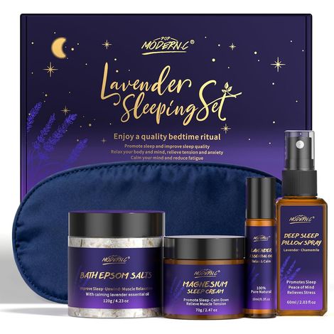 Ensemble de Couchage Lavande, Avec Spray pour le Sommeil, Crème au Magnésium, Huile Essentielle, sel d'Epsom, Masque pour les Yeux, Kit de Bain, kit SPA, Cadeau D'anniversaire, Calme et Détente (1/5)