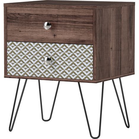 Table de chevet bohème marron 2 tiroirs, pieds acier, 45x39x55,5 cm, chambre salon (1/5)