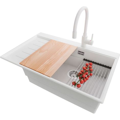 PRIMAGRAN Evier Cuisine en Granit 78x50cm,Lavabo 1 bac + Robinet 38x14cm + Kit de Vidage + Accessoires, Évier à Encastrer au meuble 60cm - Sydney, Blanc