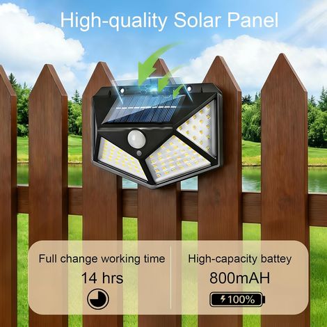 Hqynss Lot de 2 Lampe Solaire Extérieur avec Détecteur de Mouvement, 100 LED Lumiere Solaire Exterieur IP65 Etanche éclairage, Spot Solaire Extérieur pour Jardin, 3 Modes, Angle 270°, Batterie 800mAh (1/4)