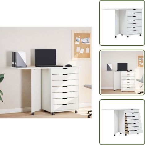 The Living Store Rollschrank mit Schreibtisch MOSS Weiß Massivholz Kiefer - Schubladenschrank - Bürostuhl - Schreibtisch - Aktenregal - Regal