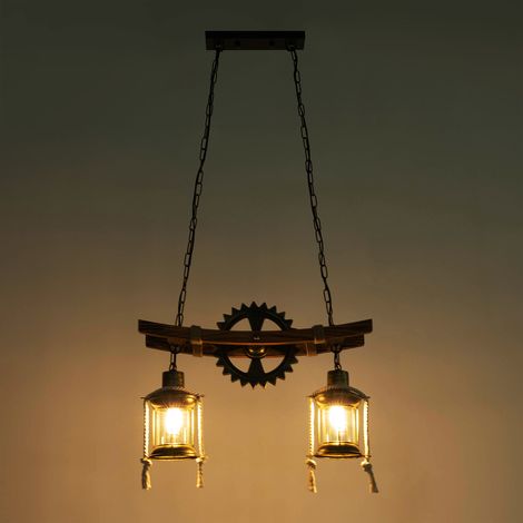 Lustre vintage à deux têtes en bois, lustre antique, lustre à chaîne réglable en hauteur. (1/5)
