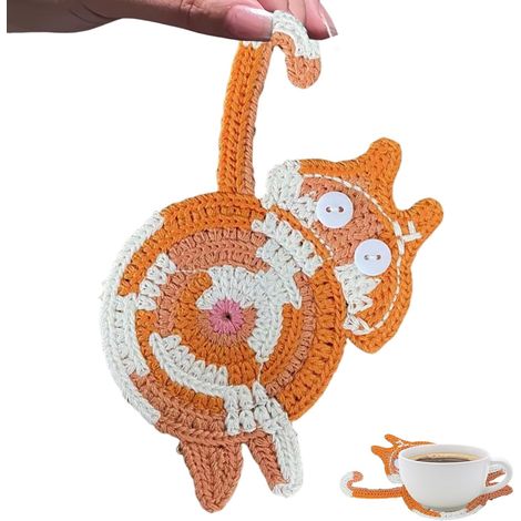 Posavasos de ganchillo con motivo de gato: bonitos posavasos blancos con forma de gato para la decoración del hogar y la oficina alfombrillas aislantes térmicas. (1/5)