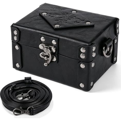 Caisse médiévale en cuir synthétique avec 12 flacons d'élixir en liège et sac à bandoulière réglable, boîte à bijoux fantaisie pour DnD LARP Renaissance, 14 x 11 x 8 cm, noir (1/5)