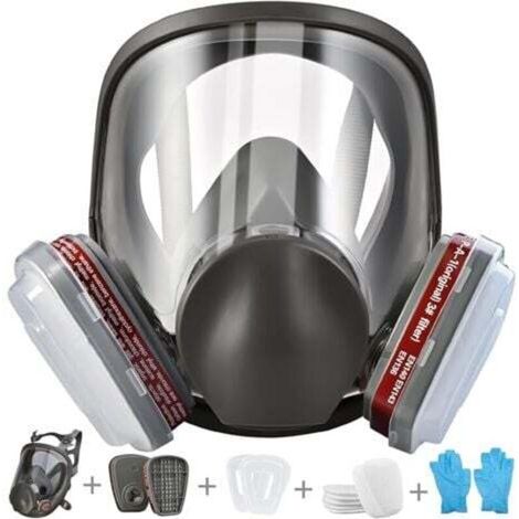 Respirateur facial complet réutilisable, Protection Respirateur Visage avec 10 filtres de rechange 5 paires de gants pour Peinture Particules Poussière Produits chimiques