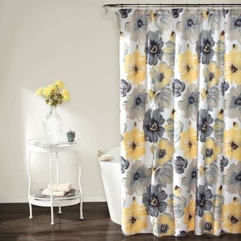 Rideau de Douche 183 X 183CM Motif Floral à Grandes Fleurs de Salle de Bain Jaune/Gris