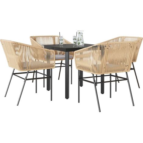 5-tlg. Garten-Essgruppe mit Kissen Braun Poly Rattan Glas