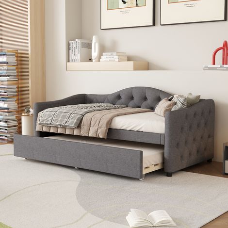 Lit Banquette Gigogne 90 x 200 cm Canapé Lit Simple en Lin et MDF Style Minimaliste Gris - PANGIVO (1/5)