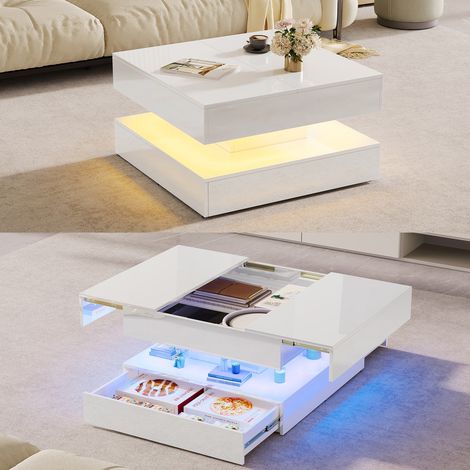 ADWOLT Table Basse Moderne avec LED,Table Basse extensible blanc brillant,Table d'Appoint avec 2 Tiroirs,78 x 78 x 43 cm