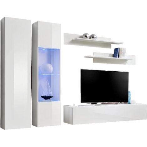 Mobile TV FLY A5 design, colore bianco lucido + LED. Mobile sospeso moderno e di tendenza per il tuo soggiorno.