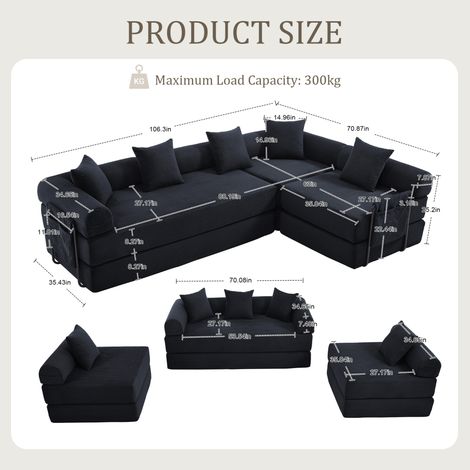 Sofá esquinero modular 270x180x64 cm de terciopelo negro con bolsillo lateral (1/5)