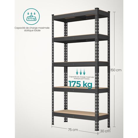 Scaffale per carichi pesanti scaffale da cucina 5 ripiani 30 x 75 x 150 cm capacità di carico 875 kg per seminterrato garage ufficio nero 120005789