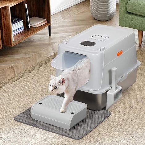 Litière pour Chat XXL avec Base en Acier de 35 litres et Repose-Pieds Anti-Sable, Filtre au Charbon Anti-Odeur, Porte Transparente, Pelle avec récipient, Tapis Anti-salissure, 60 x 40 x 39 cm (1/5)