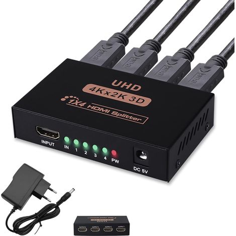 Répartiteur HDMI 1 Entrée 4 Sorties, Splitter HDMI 4K 3D et Full HD 1080p, Commutateur 4 Ports Compatible avec TV, PS4, X-Box, PC, Projecteurs, Moniteurs – Support Vidéo Audio (1/5)