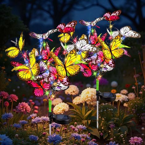 Butterfly Solar Lights Outdoor, 2 Pack Color Butterflies Solar Power Garden Lights Waterproof, LED Light with 2 Lighting Modes, for Garden Patio Yard Pathway Lawn Decorations (1/5)