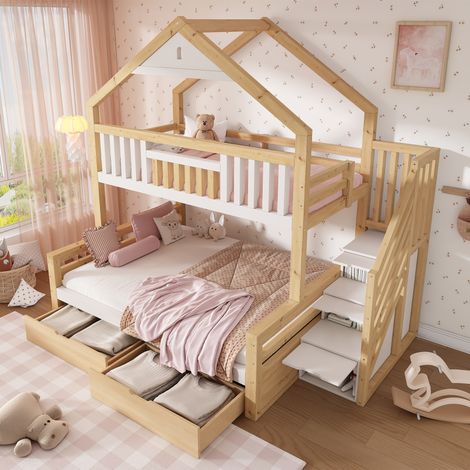 Lit superposé enfant 90x200 + 140x200 cm avec maison, toit pignon, escalier rangement, 2 tiroirs et barrières sécurité - Blanc Chêne (1/5)